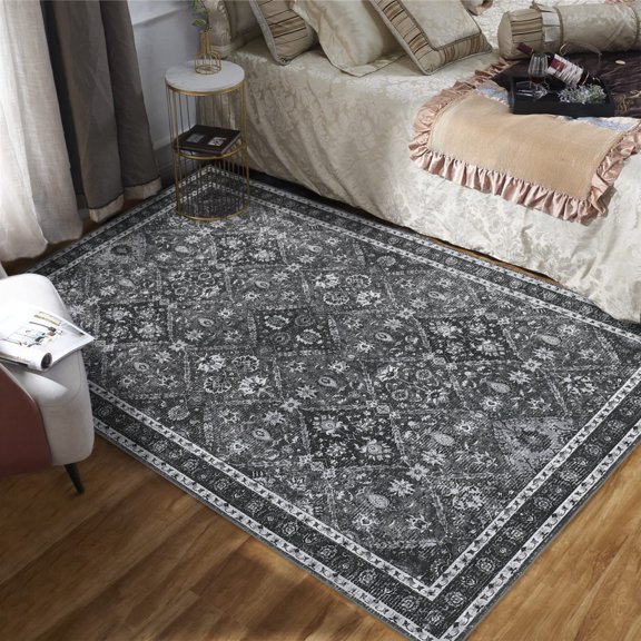 Geetinfly 5*7FT Area Rugs 100% Polyester Rug 350Gsm Velvet Weight Pearl Velvet Cotton Tpr Washed Folding Backing Carpet - Persia - Hundred Flowers Blooming grey