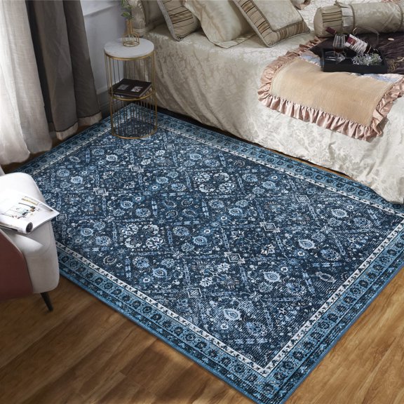 Geetinfly 5*7FT Area Rugs 100% Polyester Rug 350Gsm Velvet Weight Pearl Velvet Cotton Tpr Washed Folding Backing Carpet - Persia - Hundred Flowers Blooming blue