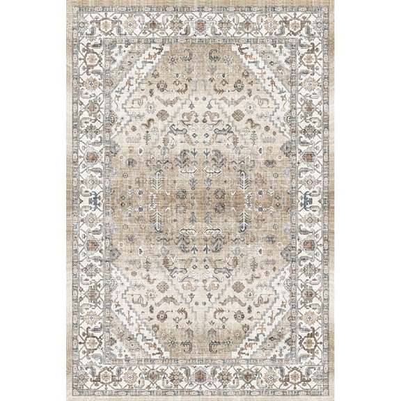 Geetinfly 5*7FT Area Rugs 1150Gsm 100% Polyester Rug 350Gsm Velvet Weight Pearl Velvet Washed Back Folding Simulation Printed Carpet Xm-Persia-Jian Ya Yi Xiao Light brown tone