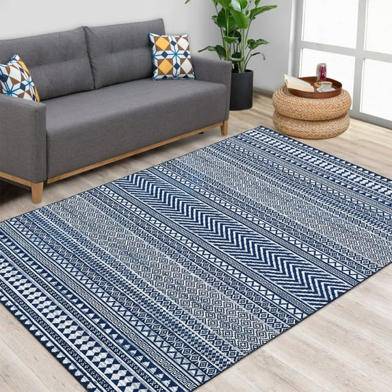 Geetinfly 5*7FT Area Rugs 5in*7in Area Rug Geometric Boho Area Rug Farmhouse Moroccan Distressed Rug Low Pile Non-Shedding for Dining Room Home Office Navy Blue Navy blue