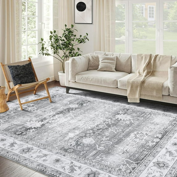 Geetinfly 5*7FT Area Rugs 5in*7in Machine Washable Area Rug Vintage Persian Print Rug Low Pile Non-Slip Distressed Floor Cover Grey Gray tone