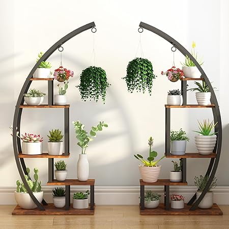 Geetinfly 5 Tier Tall Metal Indoor Plant Stand,Half Moon Shape Garden Plant Holder,Round Flower Shelf Rack with 4 Hanging Hooks,Brown