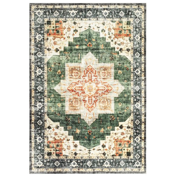 Geetinfly 5 x 7 ft Polyester Pearl Velvet Green Rectangular Hallway Bathroom Entryway Kitchen Office Foldable Flower Printed Persian Washable Area Rug
