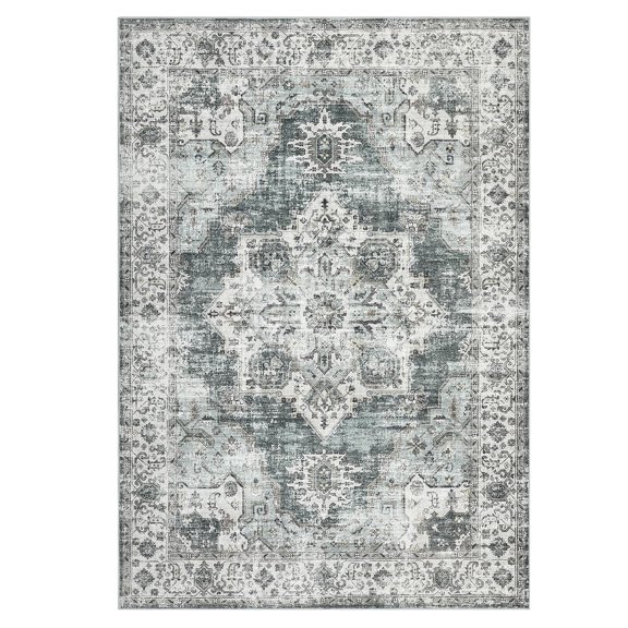 Geetinfly 5 x 7 ft Polyester Wool Spinning Green Rectangular Hallway Bathroom Entryway Kitchen Office Foldable Flower Printed Persian Washable Area Rug