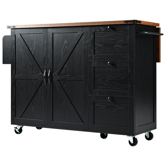 Geetinfly 54.5in Kitchen Trolley Carts On Wheels With Power Outlet, Rolling Kitchen Island Cart With Drop Leaf, 2 Doors, 3 Drawer, Towel Rack And Spice Rack For Kitchen Garage