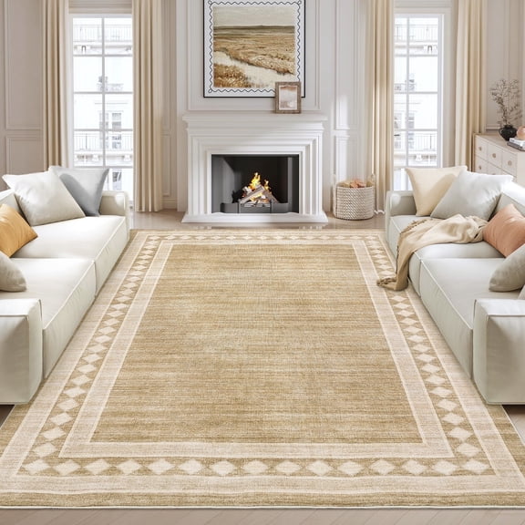 Geetinfly 5inx7in Modern Area Rug Solid Bordered Rugs Washable Geometric Neutral Accent Carpet with Non-Slip Backing Low Pile Stain-Resistant Rug for Living Room Dining Room Home Office Jute Color