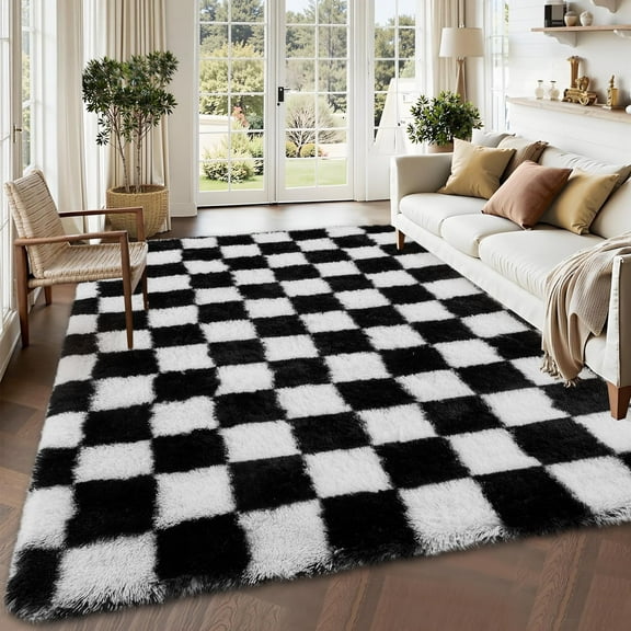Geetinfly 5inx8in Fluffy Area Rugs SoFT Area Rugs Luxury Shag Carpet Modern Checkered Shaggy Rugs with Non Slip Backing for Living Room Bedroom Home Decor Black