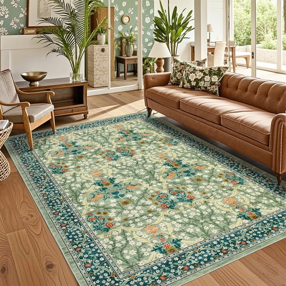 Geetinfly 5x7 Floral Area Rug Living Room Rug Washable Rugs Non Slip Stain Resistant SoFT Area Rugs Indoor Printed Rug Carpets Low Pile Floor Mats for Bedroom Dining Room Home Office Green