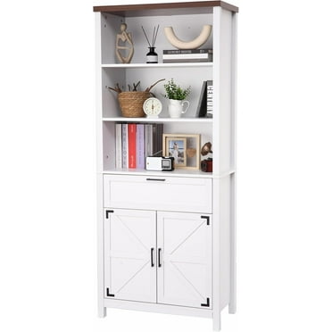Geetinfly 6-Tire Bookshelf with Doors,Floor Standing Bookshelves with w/ 1 Drawer and Adjustable Shelves,White