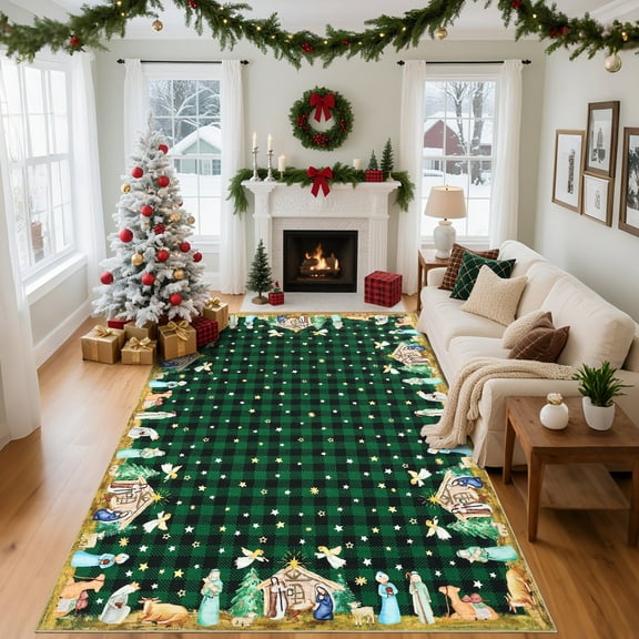 Geetinfly 6inx9in Christmas Area Rug Plaid Festival Decor Rug Washable SoFT Area Rugs Holiday Decor Rug with Non-Slip Backing for Living Room Bedroom Dining Room Green