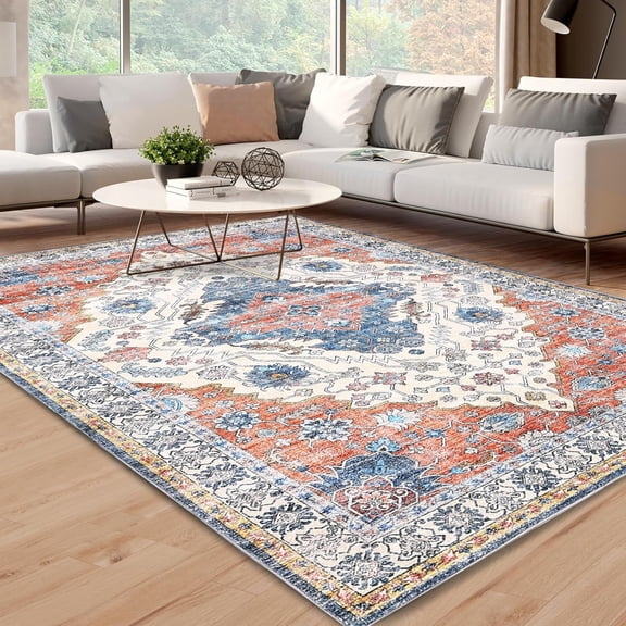 Geetinfly 6x9 Area Rugs - Machine Washable Rugs Vintage Floral Medallion Design Non-Slip Low Pile Kid Pet Friendly Stain Resistant Soft Carpet for Living Room Bedroom Orange Brown