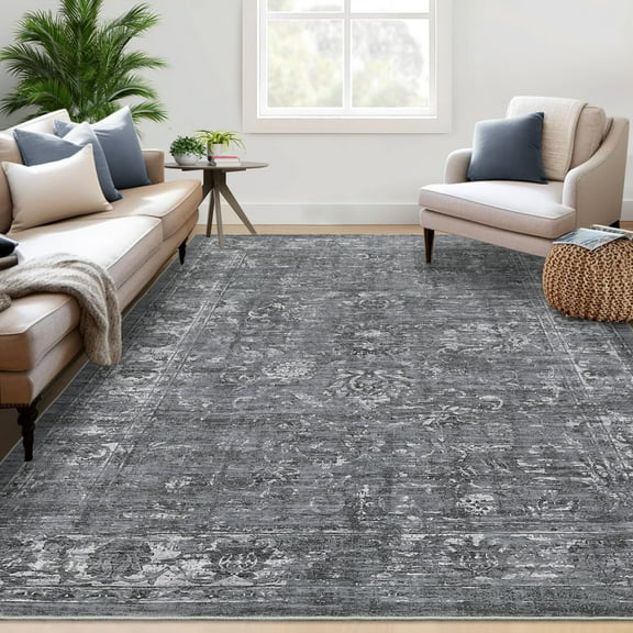 Geetinfly 8*10FT Area Rugs 100% Polyester Rug 350Gsm Velvet Weight Pearl Velvet Cotton Tpr Washed Folding Backing Carpet - Persian - Chrysanthemum grey