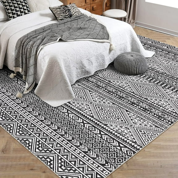 Geetinfly 8*10FT Area Rugs 1150Gsm 100% Polyester Rug 350Gsm Velvet Weight Pearl Velvet Washed Back Folding Printed Carpet Xxs-Boho-Yinian Mia Black tone