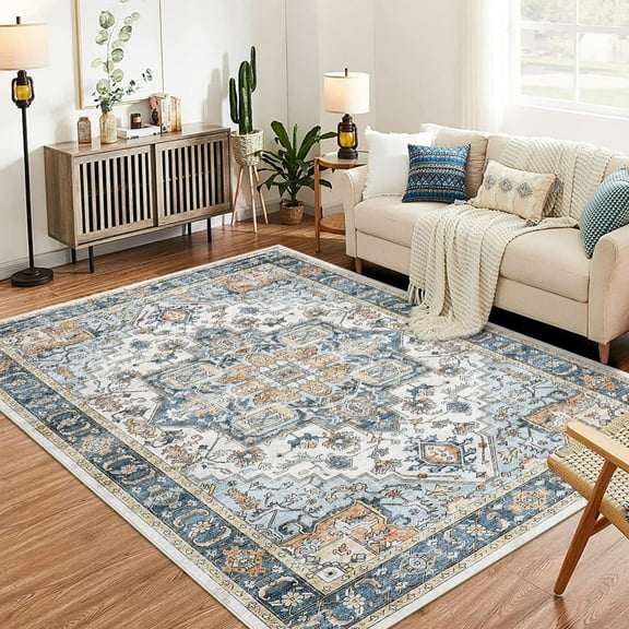 Geetinfly 8*10FT Area Rugs Vintage Area Rug Distressed Boho SoFT Area Rugs Rug Carpet Machine Washable Non-Slip Perfect for Living Room Bedroom Dining Room Blue hue