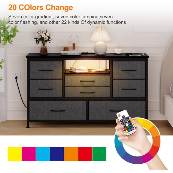 Geetinfly 8-Drawer TV Stand,47.4 Inch Drawers Dresser Up to 50 Inch TV,with RGB LED Light and Power Outlet Chest of Drawers,Entertainment Center with Storage for Living Room,Dark Gray