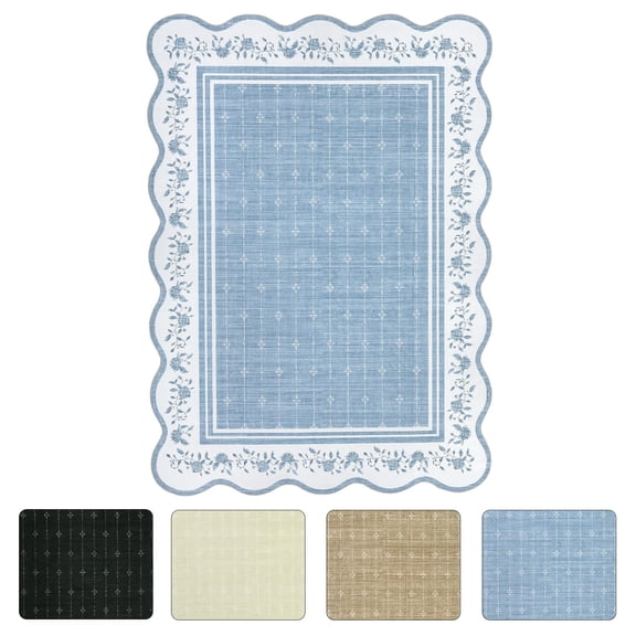 Geetinfly 8 x 10 ft Blue Rectangular Polyester Bedroom Living Room Dining Room Nursery Room Scalloped Bordered Indoor Modern Non Slip Machine Washable Area Rug