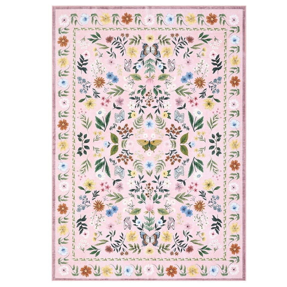 Geetinfly 8 x 10 ft Pink Indoor Farmhouse Soft Non Slip Floral Butterflies Print Machine Washable Area Rug for Bedroom Living Room Dining Room