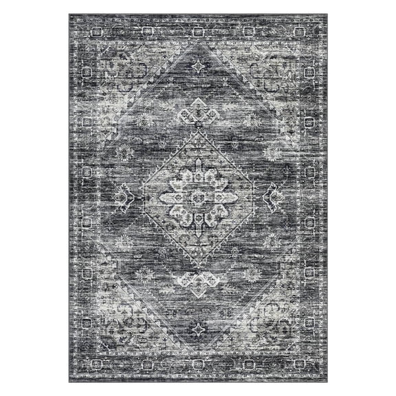 Geetinfly 8 x 10 ft Polyester Imitation Dark Gray Rectangular Hallway Bathroom Entryway Kitchen Office Foldable Geometric Persian Washable Area Rug