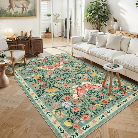 Geetinfly 8inx10in Farmhouse Floral Area Rug Botanical Butterfly Printed Carpet Washable Rug with Non Slip TPR Backing Low Pile Indoor Mat for Living Room Bedroom Office Green