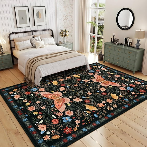 Geetinfly 8inx10in Farmhouse Floral Area Rug Botanical Butterfly Printed Carpet Washable Rug with Non Slip TPR Backing Low Pile Indoor Mat for Living Room Bedroom Office Black