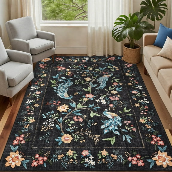 Geetinfly 8inx10in Floral Peacock Area Rug Animal Print Rug Washable Rug Stain-Resistant Indoor Carpet with Non-Slip Backing for Living Room Bedroom Dining Room Office Black