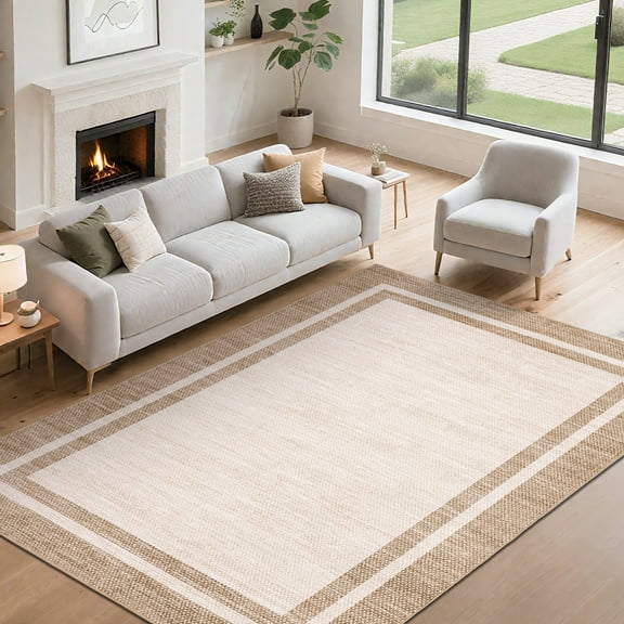 Geetinfly 8inx10in Modern Bordered Area Rug Solid Rugs Washable Rugs Neutral Minimalist Carpet with Non Slip Backing SoFT Area Rugs Thin Low Pile Rugs for Living Room Bedroom Home Decor Beige