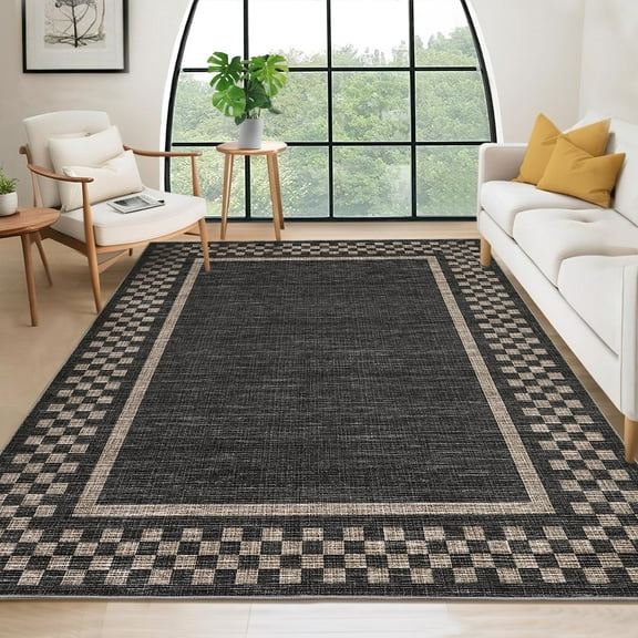 Geetinfly 8inx10in Modern Bordered Area Rugs Checkered Rug for Living Room Bedroom Washable Low Pile Rug Stain Resistant Indoor Carpet Black