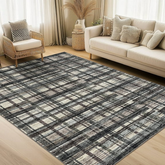 Geetinfly 8x10 Area Rugs Modern Striped Geometric Rug Washable Abstract Plaid Rug for Living Room Non-Slip Backing Stain Resistant Rug Low Pile Floor Carpet for Dining Room Home Office Green Brown