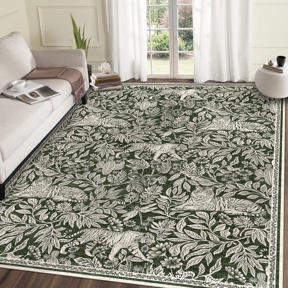 Geetinfly 8x10 Modern Abstract Print Rugs Washable Living Room Rug Non Slip Non-Shedding Forest Tiger Floor Rugs Carpet SoFT Area Rugs Stain Resistant Indoor Rug for Dining Room Bedroom Green
