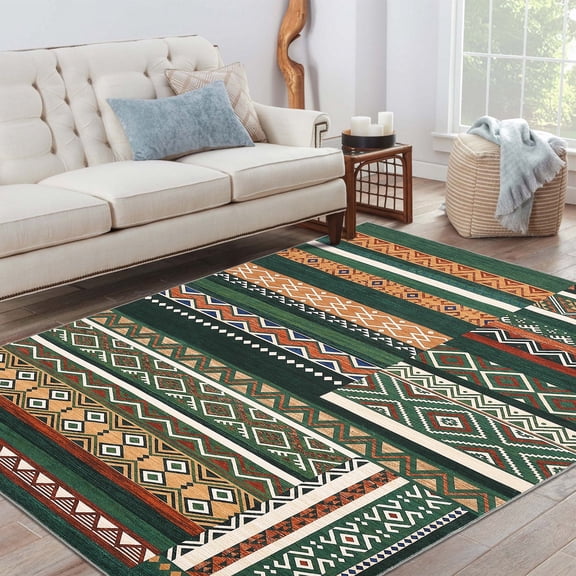 Geetinfly 9*12FT Area Rugs 100% Polyester Rug 350Gsm Velvet Weight Pearl Velvet Cotton Tpr Washed Folding Backing Carpet - Geometric - Green Tiles And Red Walls Green/Color