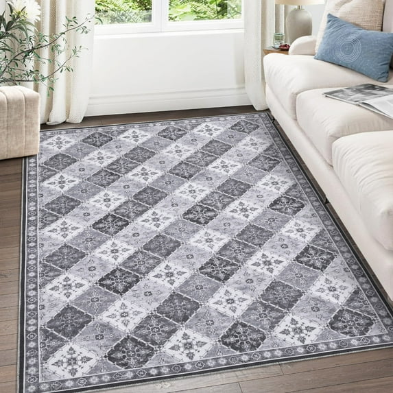 Geetinfly 9*12FT Area Rugs 9*12 Area Rug Washable Living Room Rug Large Vinitage SoFT Area Rugs Boho Rug Non Slip Grey Persian Indoor Floor Carpet Rug for Kitchen Dining Room Home Office Gray tone