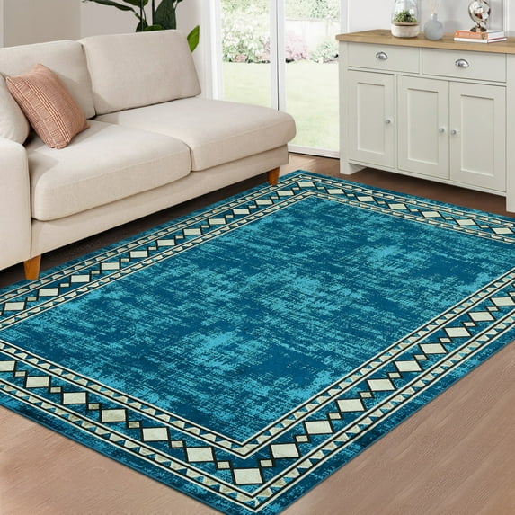 Geetinfly 9*12FT Area Rugs 9*12 Large Rugs for Living Room Modern Bordered Rug Geometric Border Rug Washable Rug Non-Slip Stain Resistant Rug for Home Decor Blue Green Blue-green