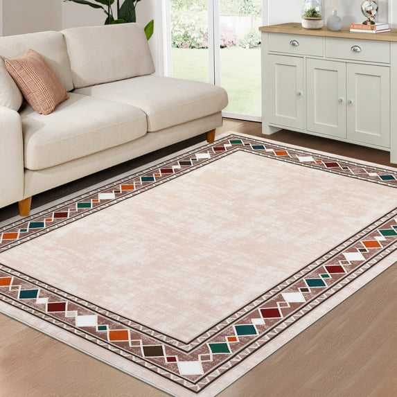 Geetinfly 9*12FT Area Rugs 9*12 Large Rugs for Living Room Modern Bordered Rug Geometric Border Rug Washable Rug Non-Slip Stain Resistant Rug for Home Decor Beige Beige