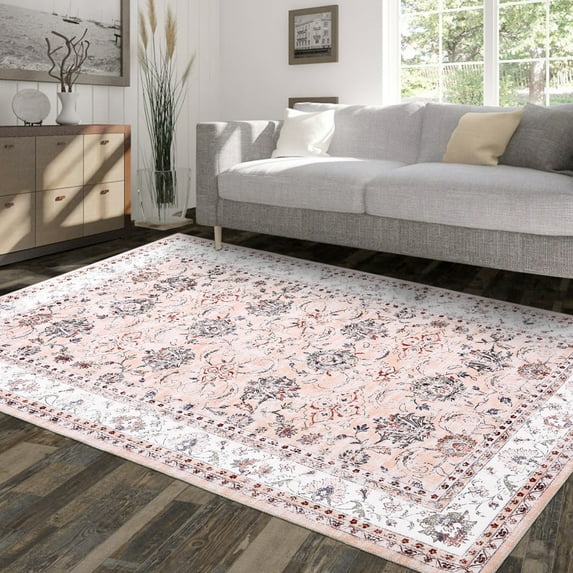 Geetinfly 9*12FT Area Rugs 9in*12in Area Rug Large Vintage Distressed Floral Area Rugs for Living Room Washable Persian Non-Slip Stain Resistant Accent Rug Carpet Pink Pink