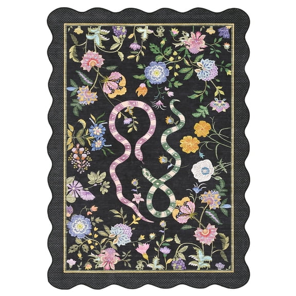 Geetinfly 9 x 12 ft Black Machine Washable Floral Snake Print Indoor Farmhouse Soft Non Slip Rectangular Area Rug for Bedroom Living Room Dining Room Girls Room