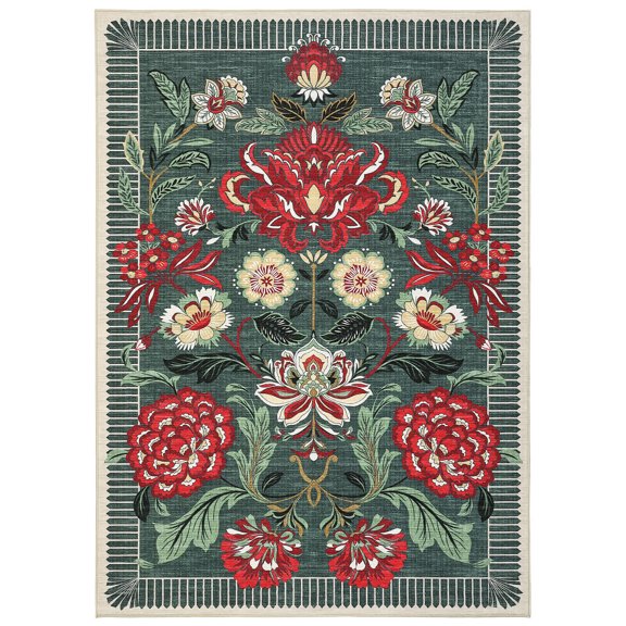 Geetinfly 9 x 12 ft Polyester Gray Green Rectangular Hallway Bathroom Entryway Kitchen Office Foldable Flower Printed Modern Washable Area
