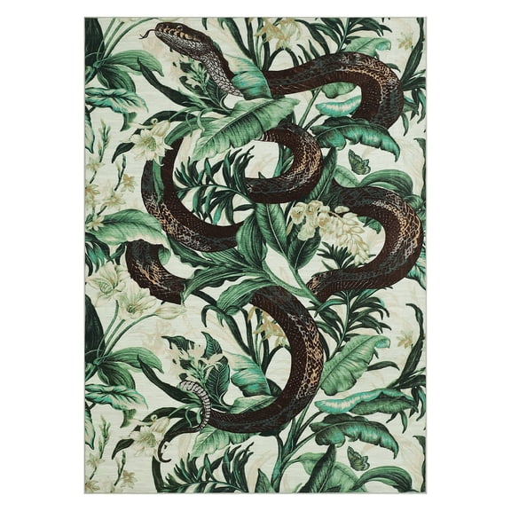 Geetinfly 9 x 12 ft Polyester Pearl Velvet Beige Green Rectangular Hallway Bathroom Entryway Kitchen Office Foldable Snake Printed Modern Washable Area Rug