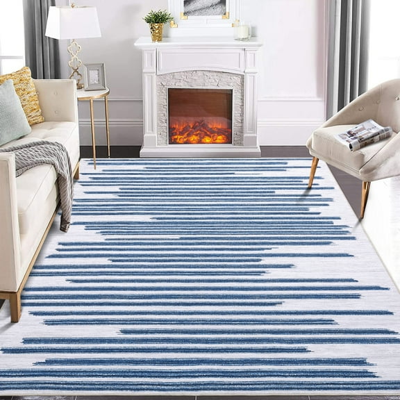 Geetinfly 9FT Area Rugs*12FT Area Rugs 9in*12in Large Modern Berber Stripe Area Rug Indoor Low Pile Non-Slip Throw Rug SoFT Area Rugs Washable Rugs for Living Room Bedroom Blue Beige Beige Blue