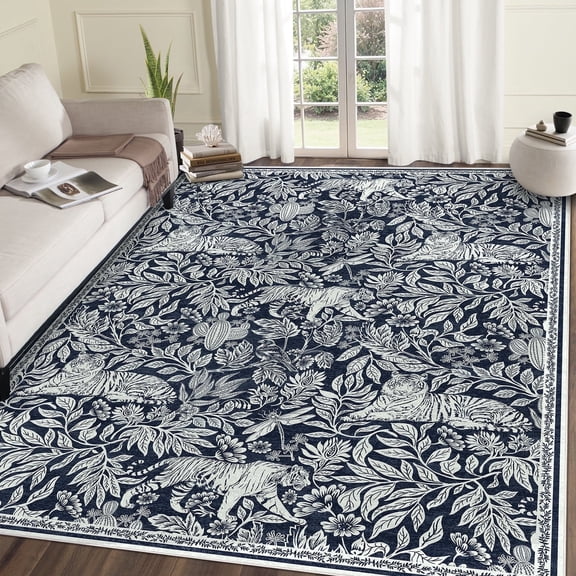 Geetinfly 9x12 Modern Abstract Print Rugs Washable Living Room Rug Non Slip Non-Shedding Forest Tiger Floor Rugs Carpet SoFT Area Rugs Stain Resistant Indoor Rug for Dining Room Bedroom Blue