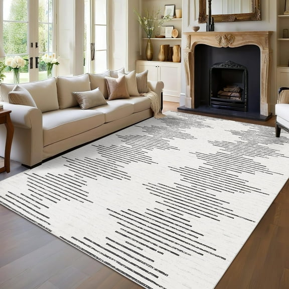 Geetinfly 9x12 Washable Area Rugs Modern Solid Rug Non-Slip Striped Geometric Rug Stain-Resistant Contemporary Rug Carpet for Living Room Bedroom Dining Room Beige