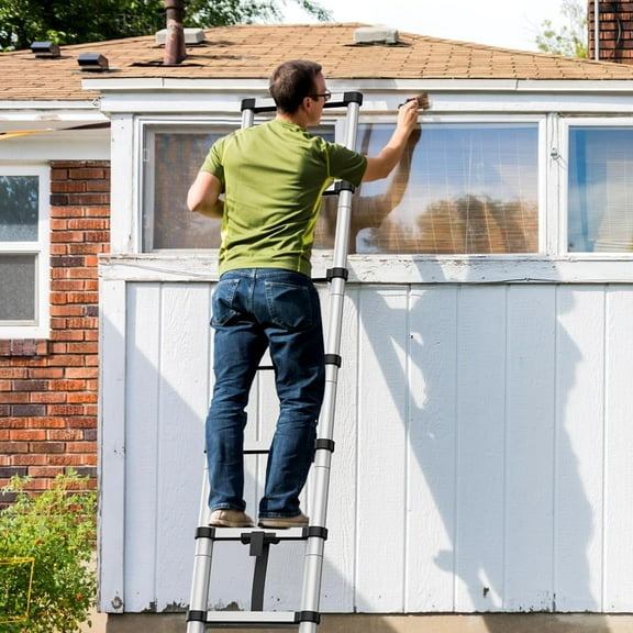 Geetinfly Aluminum Alloy Telescopic Ladder with Stabilizer,6.6FT Portable Folding Ladder,with Non-Slip Feet Load Capacity 330 Lbs Multi-Functional Telescopic Ladders,for Home Indoor/Outdoor,Silver