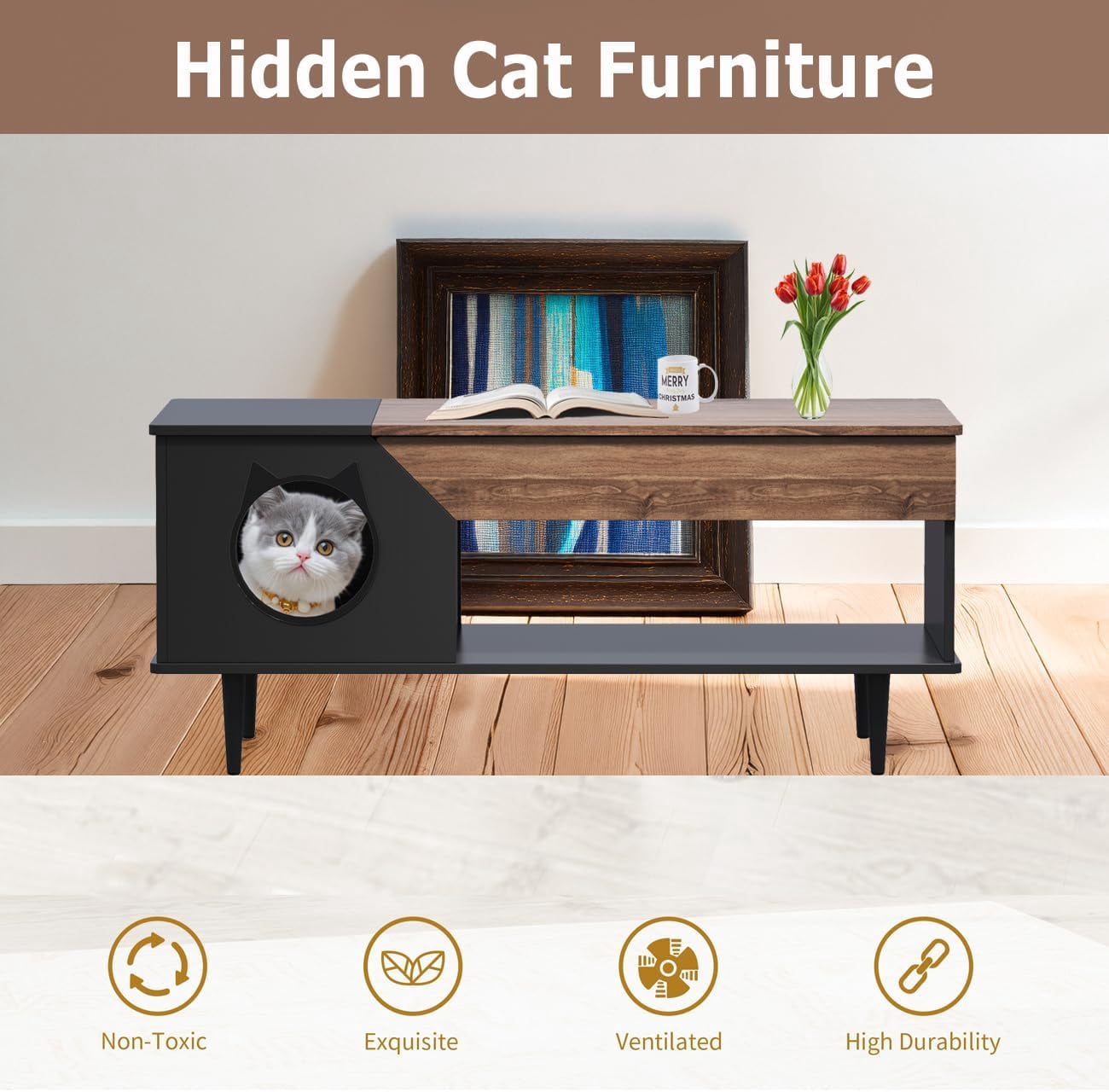 Geetinfly Cat Coffee Table,45inch Hidden Litter Box Enclosure Furniture ...