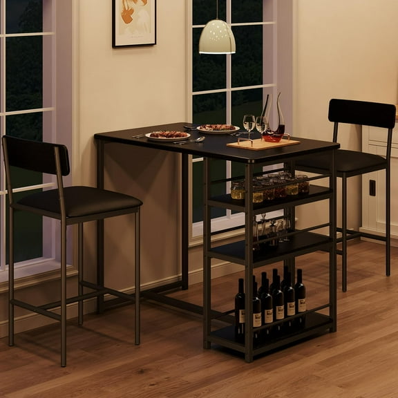 Geetinfly Dining Table Set,1+2 Set Kitchen Table with 2 Upholstered Bar Chairs,3 Large Storage Shelves Kitchen Bar Table Set,for Small Space Apartment Studio Breakfast,Black