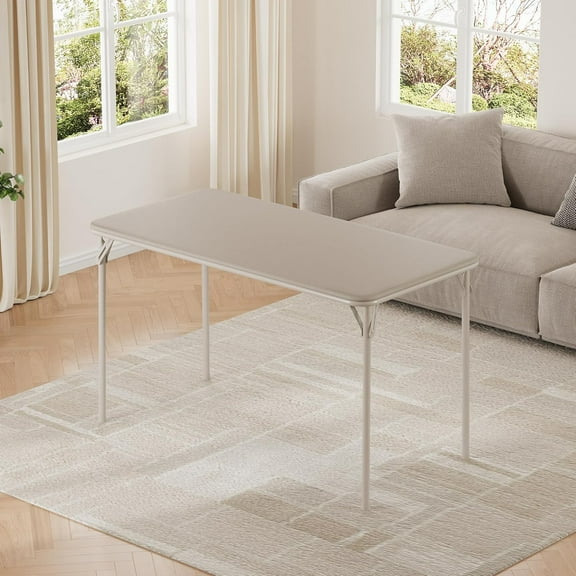 Geetinfly Folding Table 4 Foot,with Upholstered PU Leather Tabletop Heavy Duty Metal Legs,Collapsible Design & Shelf Bracket No Assembly Required,for Indoor Outdoor Use Chair Not Included,Beige