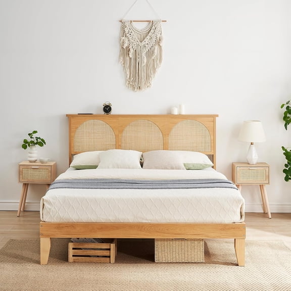Geetinfly Full Size Boho Rattan Bed Frame,Wooden Bed Platform with Storage Smart RGB LED Natural Rattan Headboard,No Box Spring Needed Easy Assembly Solid Wood Foundation with Silent Slats,QUEEN