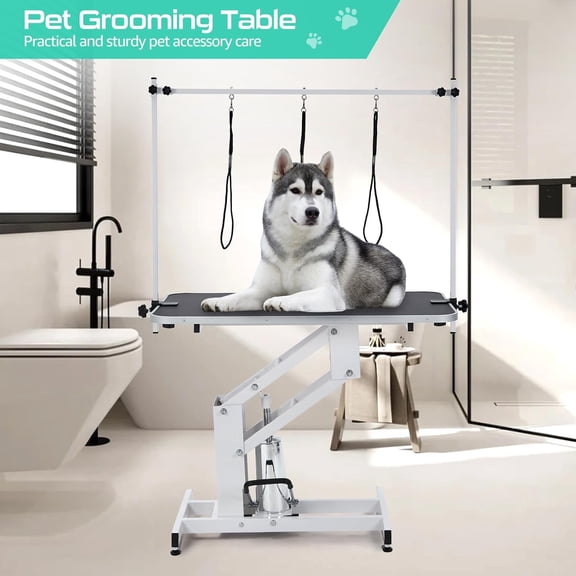 Geetinfly Hydraulic Dog Grooming Table for Pet,43IN Heavy Duty Structural Hydraulic Max Load 350Lbs Professional Pet Grooming Table,with Adjustable Overhead Arm & Noose,White