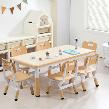 Geetinfly Kids Table and Chairs Set,Height Adjustable Desk with 6 Seats for Ages 2-10,Max 300lbs,Solid wood color