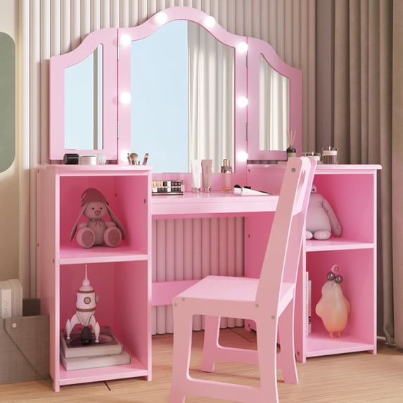 Geetinfly Kids Vanity Set,2-in-1 Princess Makeup Table with Tri-Folding Mirror,Stool,Touch Lights,Pink