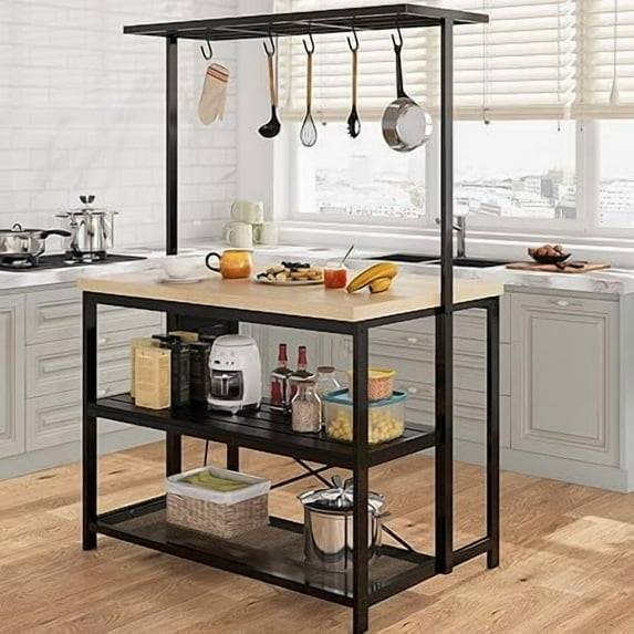 Geetinfly Kitchen Island with Storage,Bakers Rack with Power Outlet,3 Tier Microwave Stand Oven Shelf,Large Coffee Bar Table,5 Hooks