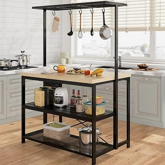Geetinfly Kitchen Island with Storage,Bakers Rack with Power Outlet,3 Tier Microwave Stand Oven Shelf,Large Coffee Bar Table,5 Hooks